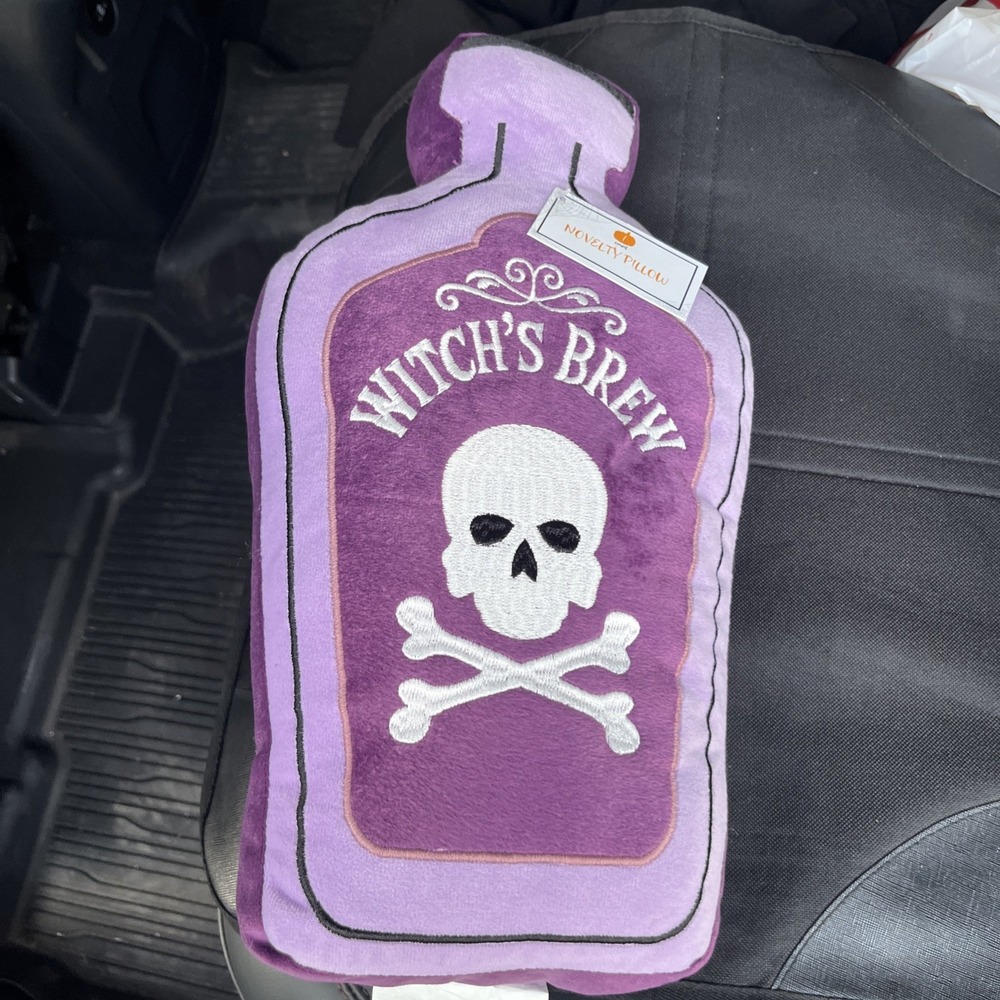 Witch's Brew Decorative Pillow-Purple Bottle Caution Skull!